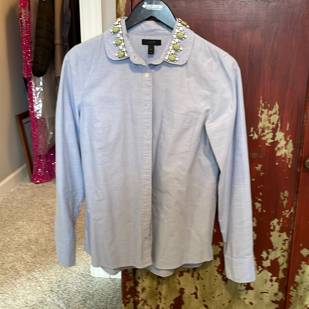 JCrew women’s button down. Blue with gem collar. Size 6